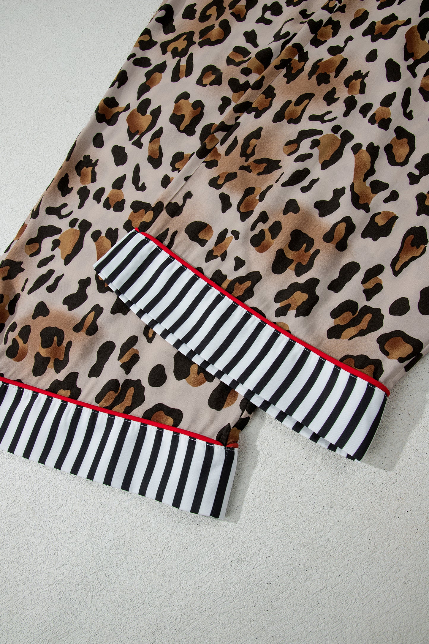 Khaki Plus Leopard Print Contrast Piping Striped Patchwork 2pcs Long Pajama Set-Plus Size/Plus Size Loungewear-[Adult]-[Female]-2022 Online Blue Zone Planet