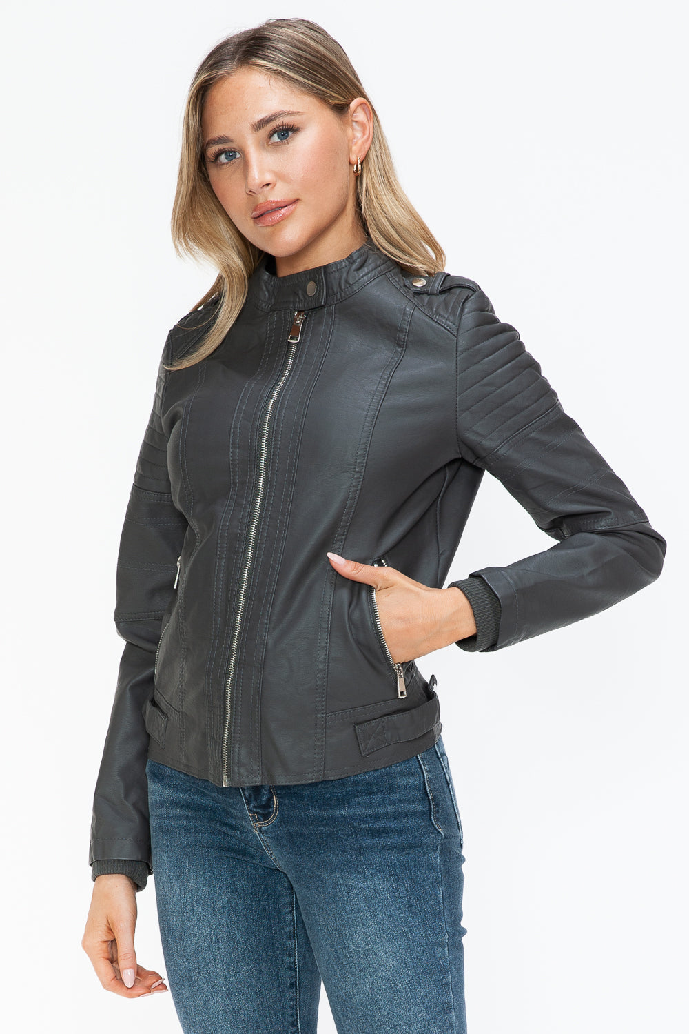 Blue Zone Planet | Snobbish PU Leather Biker Jacket with Side Zip Pockets-TOPS / DRESSES-[Adult]-[Female]-2022 Online Blue Zone Planet