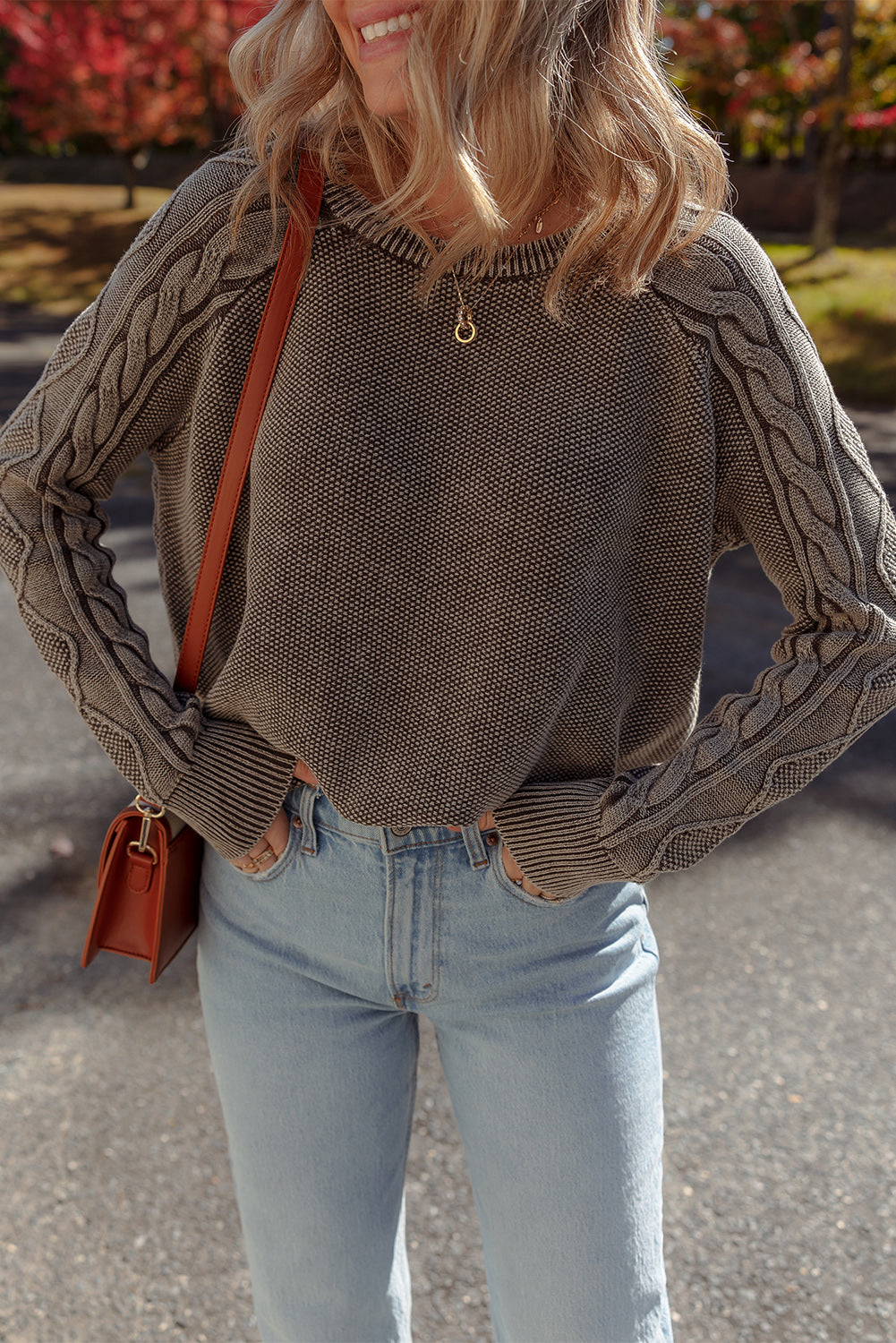 Dark Brown Contrast Cable Knit Sleeve Casual Sweater-Sweaters & Cardigans/Sweaters-[Adult]-[Female]-Dark Brown-S-2022 Online Blue Zone Planet