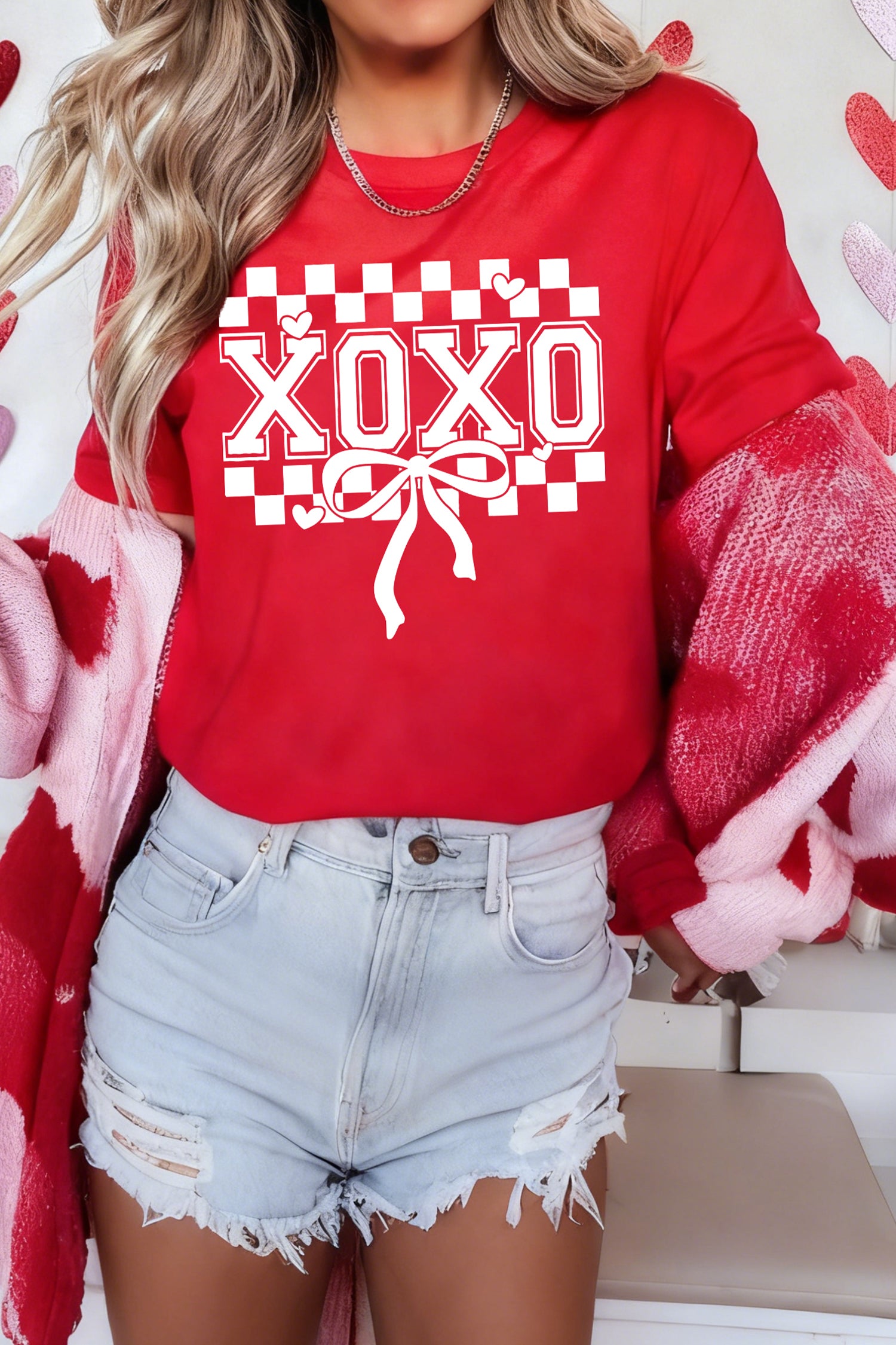 Red Xoxo Checkered Ribbon Bow Print Valentines Day T Shirt-Graphic Tees-[Adult]-[Female]-Red-2-2XL-2022 Online Blue Zone Planet