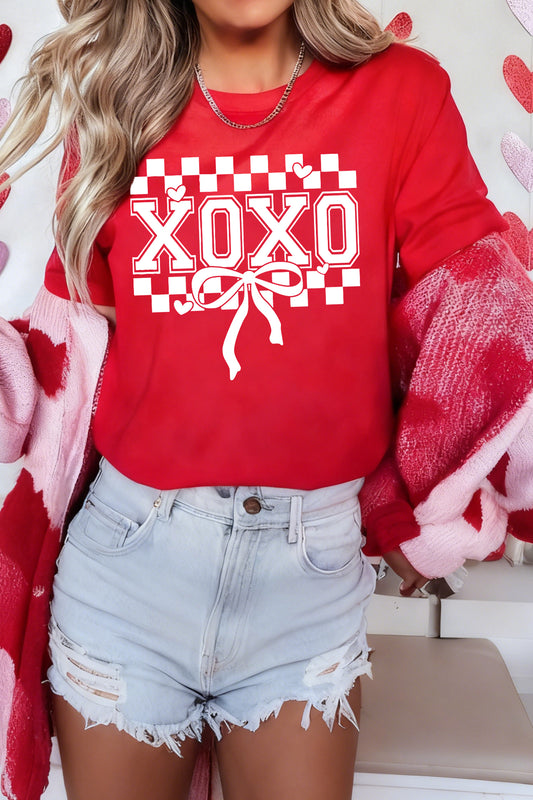 Red Xoxo Checkered Ribbon Bow Print Valentines Day T Shirt-Graphic Tees-[Adult]-[Female]-Red-2-2XL-2022 Online Blue Zone Planet