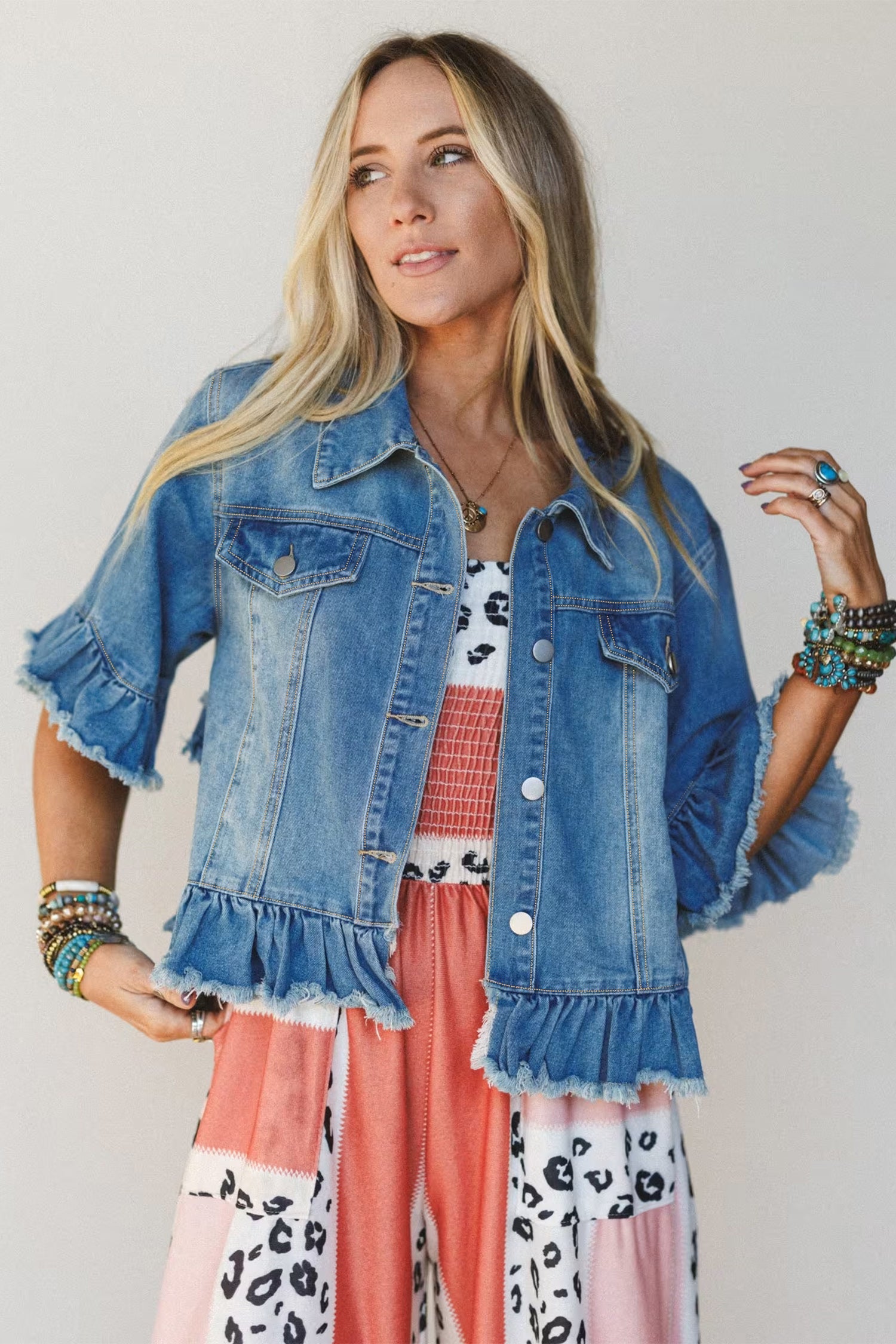 Blue Ruffle Hem Raw Edge Half Sleeve Western Denim Jacket-Outerwear/Denim jackets-[Adult]-[Female]-2022 Online Blue Zone Planet