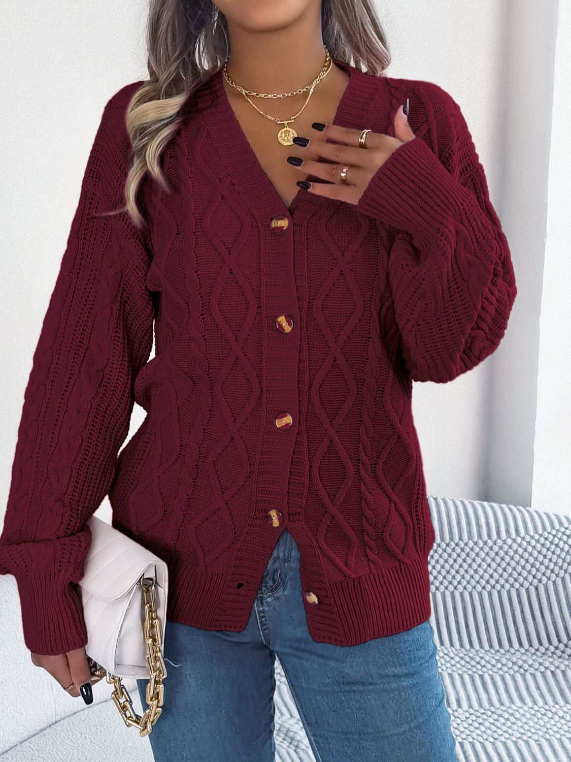 Cable-Knit Long Sleeve Cardigan-TOPS / DRESSES-[Adult]-[Female]-Burgundy-S-2022 Online Blue Zone Planet