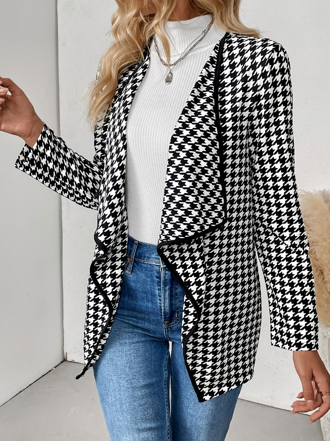 Houndstooth Open Front Long Sleeve Jacket-TOPS / DRESSES-[Adult]-[Female]-2022 Online Blue Zone Planet