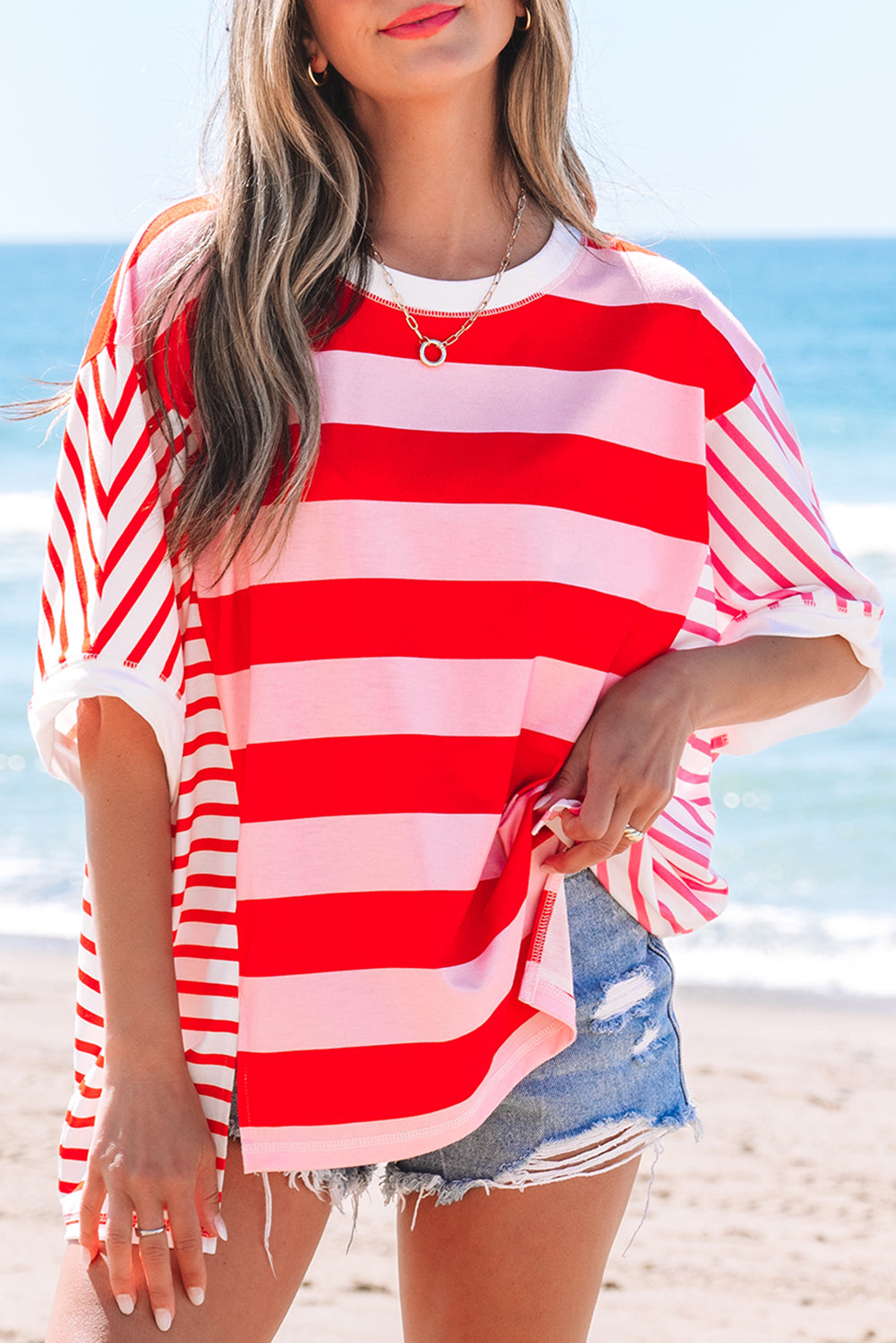Pink Stripe Patchwork Round Neck Side Split Loose T Shirt-Tops/Tops & Tees-[Adult]-[Female]-2022 Online Blue Zone Planet