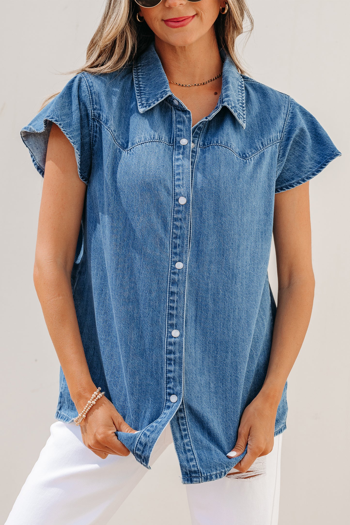 Dusk Blue Ruffled Short Sleeve Denim Shirt-Tops/Blouses & Shirts-[Adult]-[Female]-2022 Online Blue Zone Planet