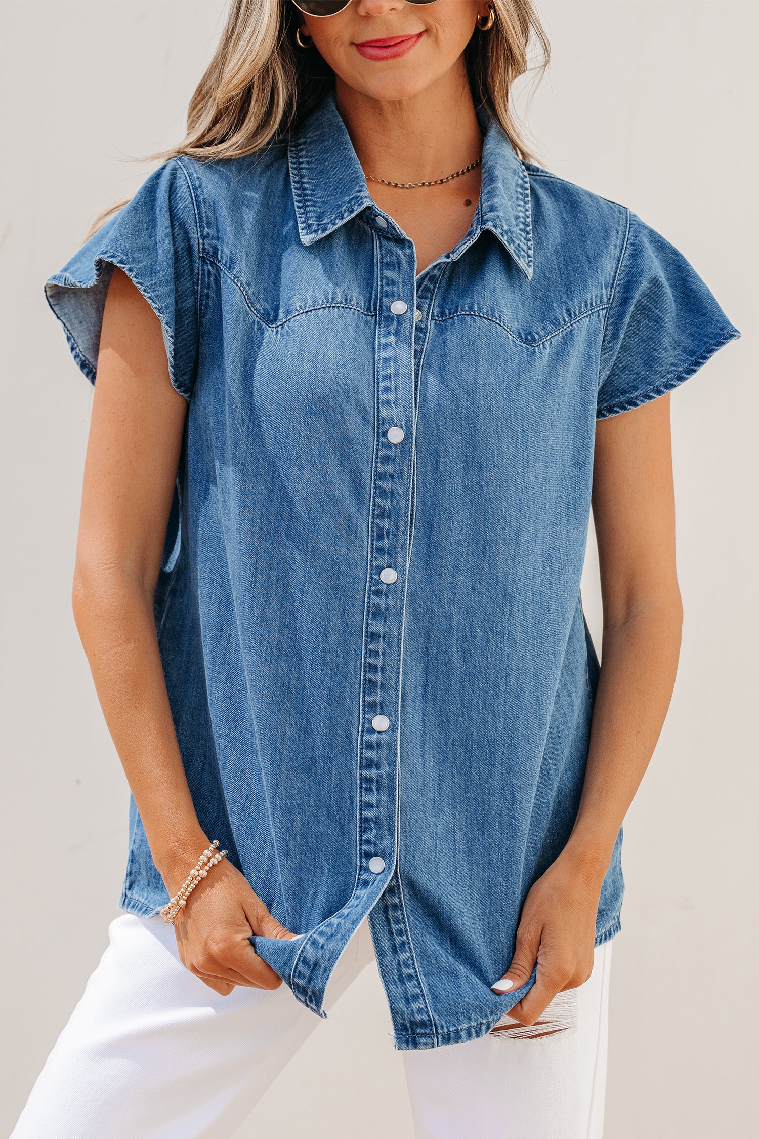 Dusk Blue Ruffled Short Sleeve Denim Shirt-Tops/Blouses & Shirts-[Adult]-[Female]-2022 Online Blue Zone Planet