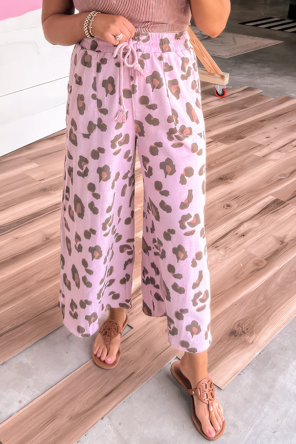 Pink Drawstring Leopard Print Patch Pocket Loose Pants-Bottoms/Pants & Culotte-[Adult]-[Female]-Pink-S-2022 Online Blue Zone Planet