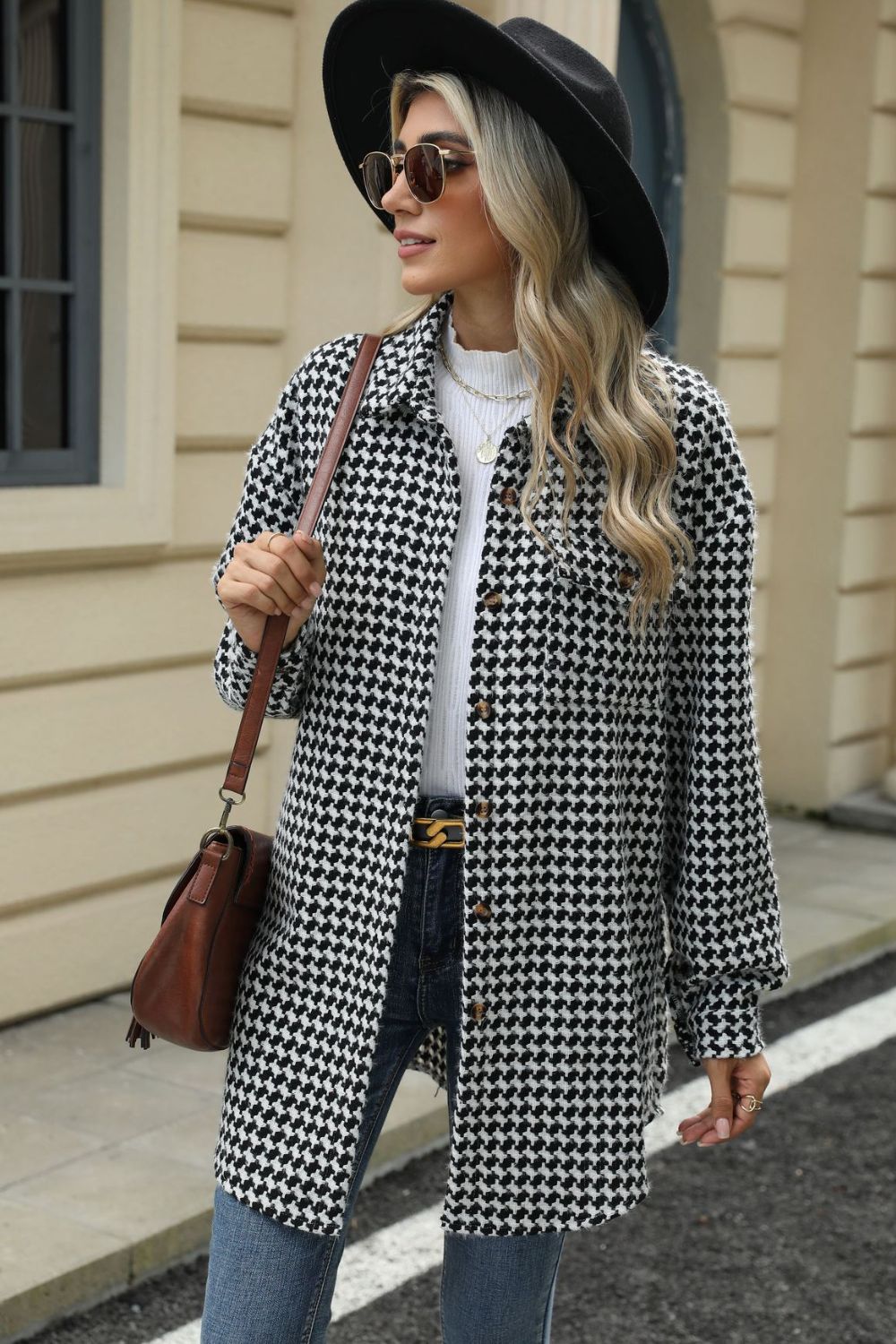 Houndstooth Button Up Dropped Shoulder Coat-TOPS / DRESSES-[Adult]-[Female]-2022 Online Blue Zone Planet