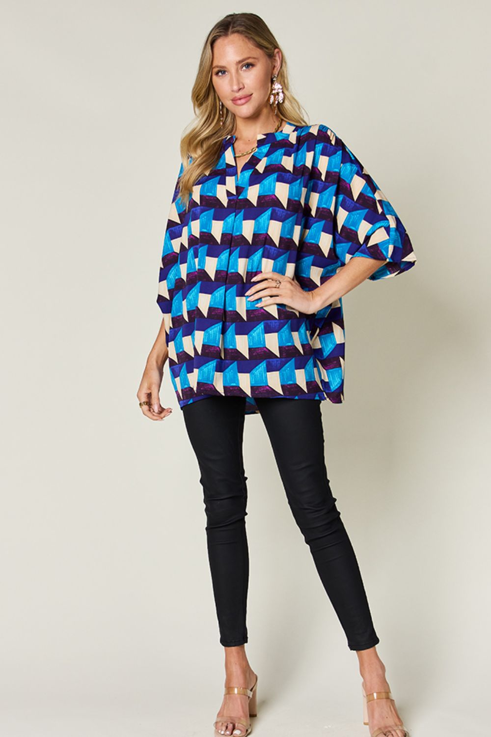 Double Take Full Size Geometric Notched Half Sleeve Blouse-TOPS / DRESSES-[Adult]-[Female]-2022 Online Blue Zone Planet