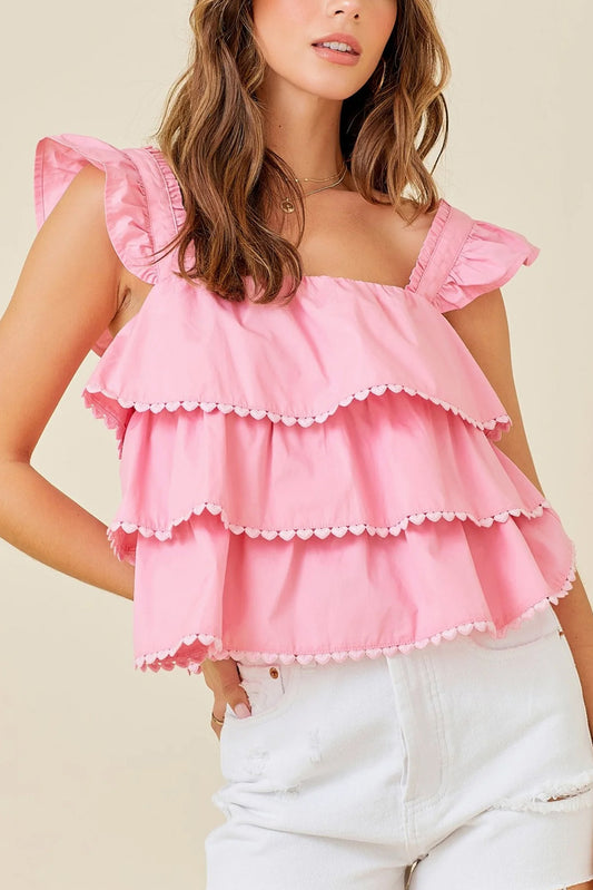 Pink Tiered Heart Trim Square Neck Flutter Top-Tops/Tank Tops-[Adult]-[Female]-Pink-S-2022 Online Blue Zone Planet