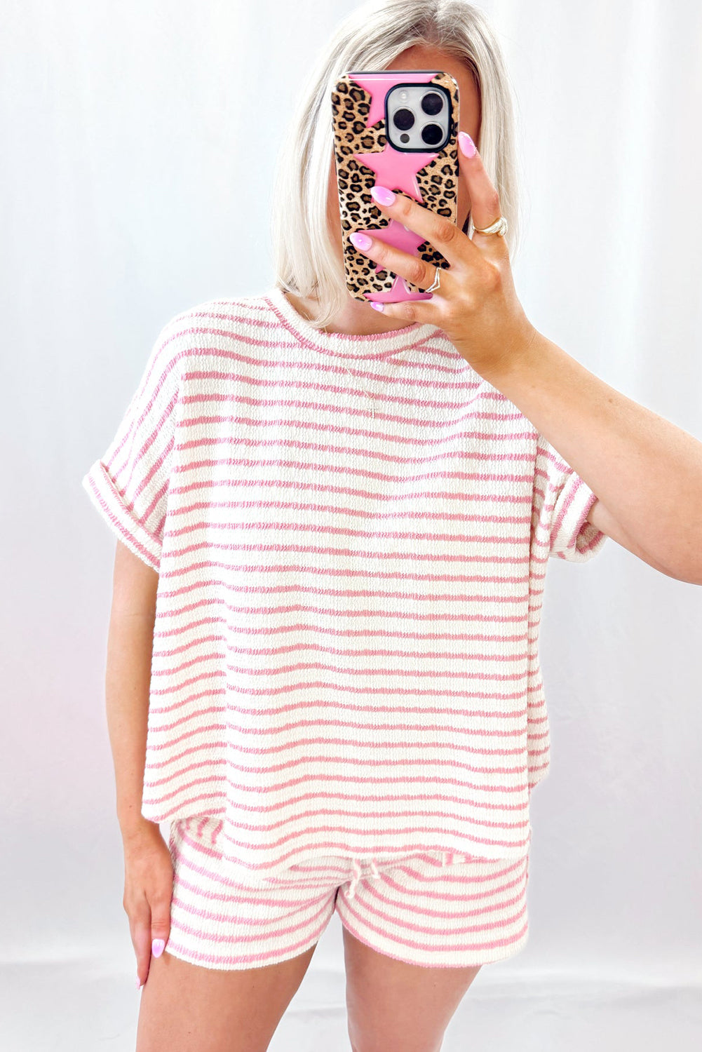 Pink Stripe Knitted Short Sleeve Top and Drawstring Shorts Set-Two Piece Sets/Short Sets-[Adult]-[Female]-2022 Online Blue Zone Planet