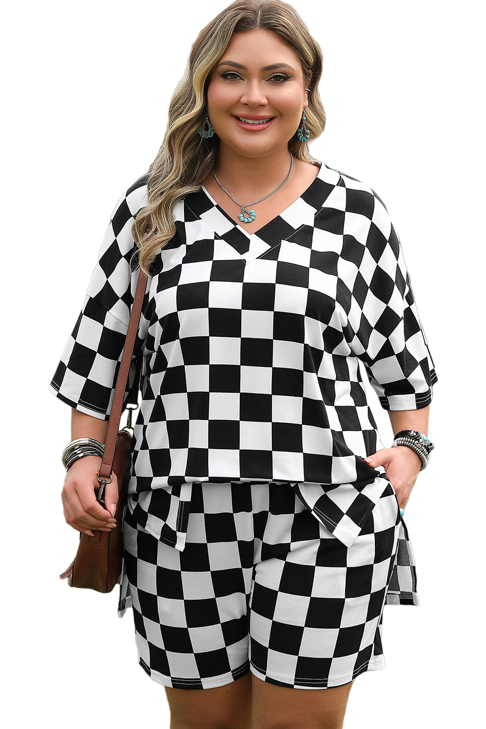 Black Checkered Pattern Tee And Shorts Plus Size Two Piece Set-Plus Size/Plus Size Loungewear-[Adult]-[Female]-2022 Online Blue Zone Planet
