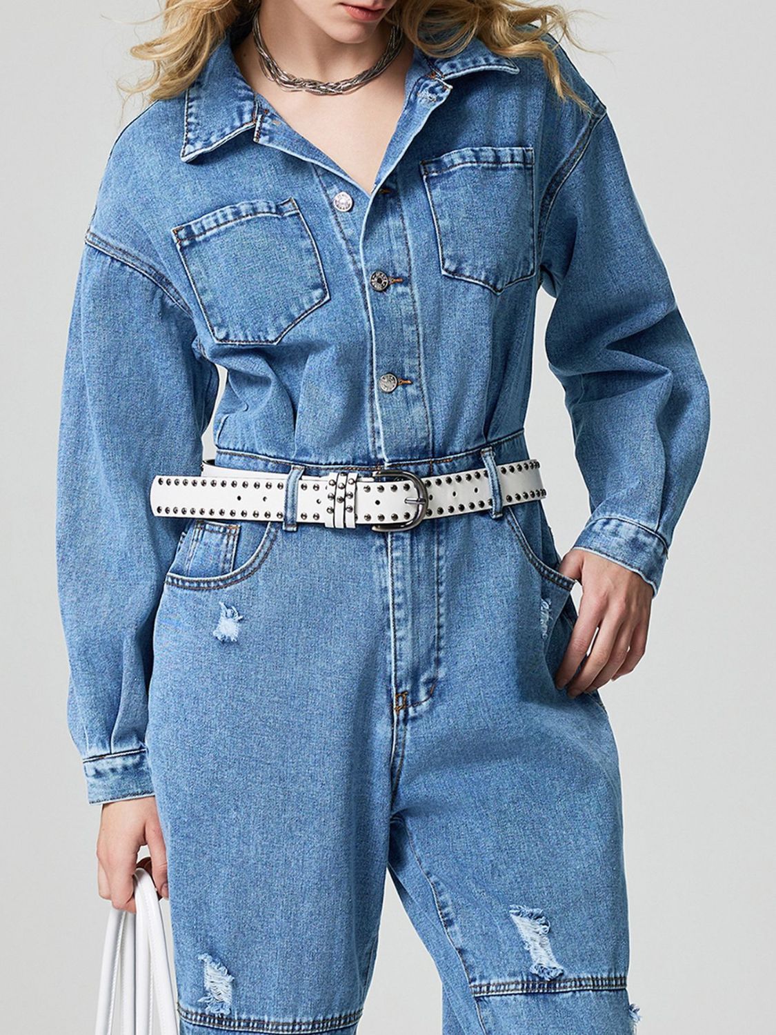 Distressed Button Down Drop Shoulder Denim Jumpsuit-TOPS / DRESSES-[Adult]-[Female]-2022 Online Blue Zone Planet