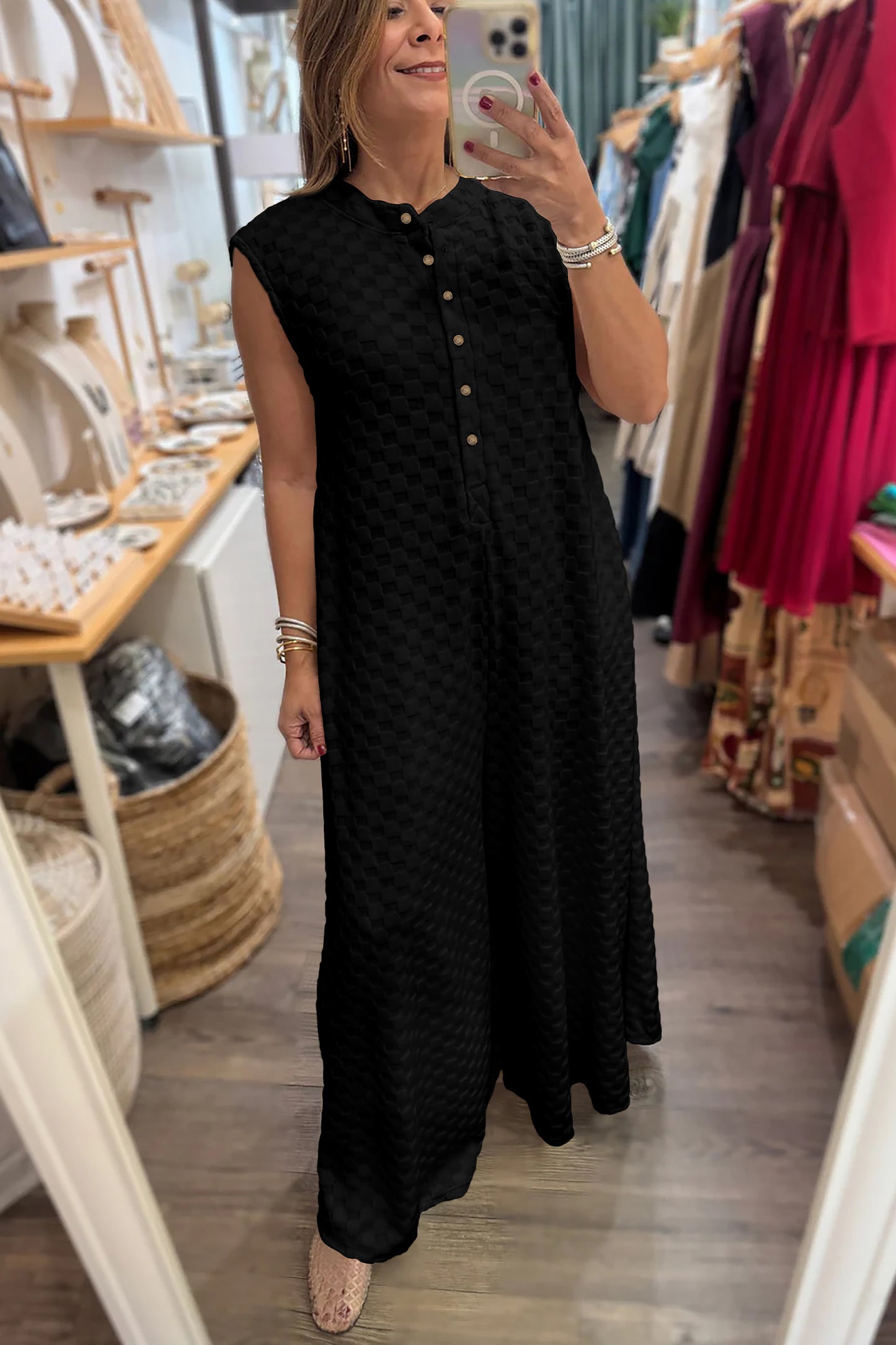 Black Half Buttons Sleeveless Wide Leg Textured Jumpsuit-Bottoms/Jumpsuits & Rompers-[Adult]-[Female]-2022 Online Blue Zone Planet