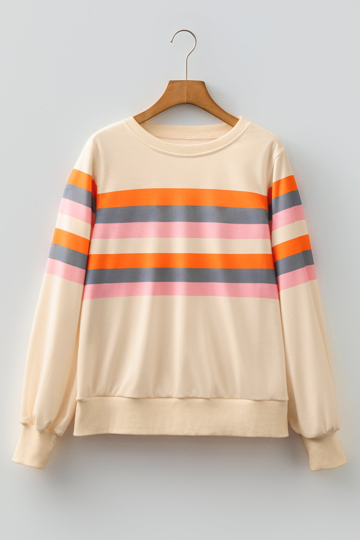 Beige Stripe Puff Sleeve Casual Pullover Sweatshirt-Tops/Sweatshirts & Hoodies-[Adult]-[Female]-2022 Online Blue Zone Planet