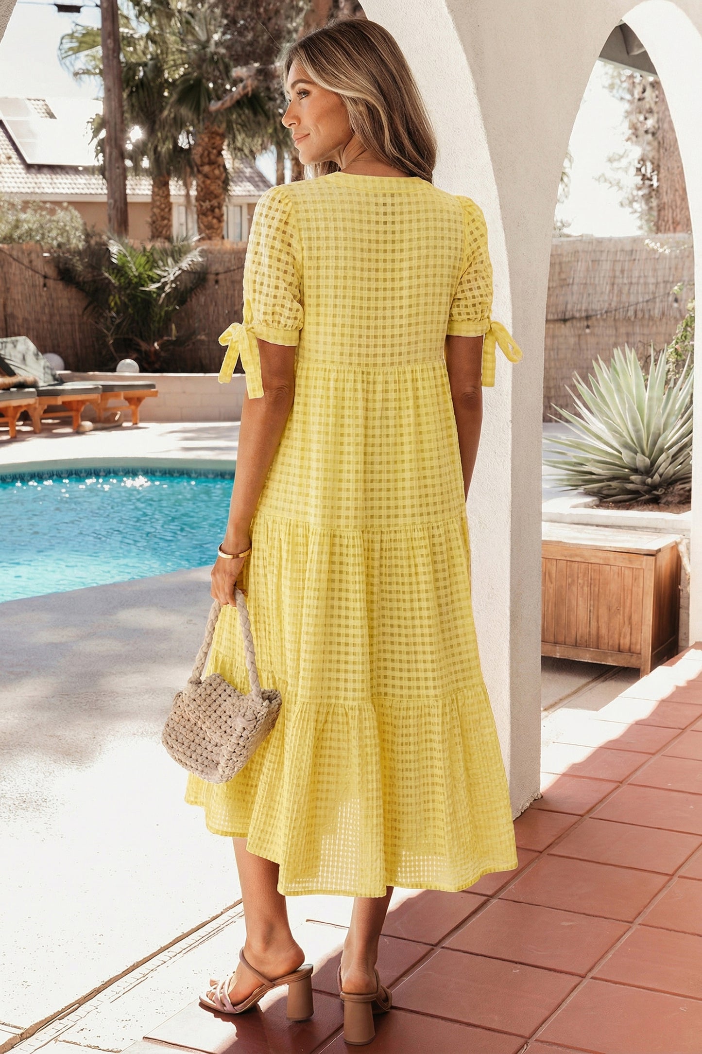 Yellow Gingham Textured Bow Tie Short Sleeve Tiered Midi Dress-TOPS / DRESSES-[Adult]-[Female]-2022 Online Blue Zone Planet