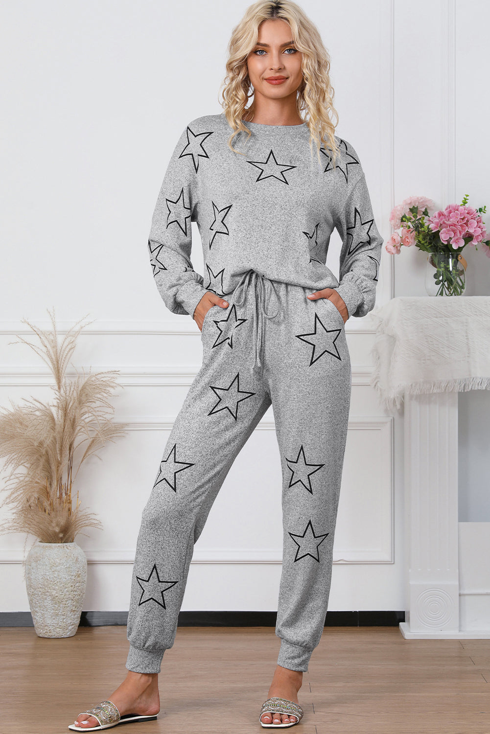 Gray Stars Print Long Sleeve Drawstring High Waist Lounge Set-Loungewear & Sleepwear/Loungewear-[Adult]-[Female]-2022 Online Blue Zone Planet