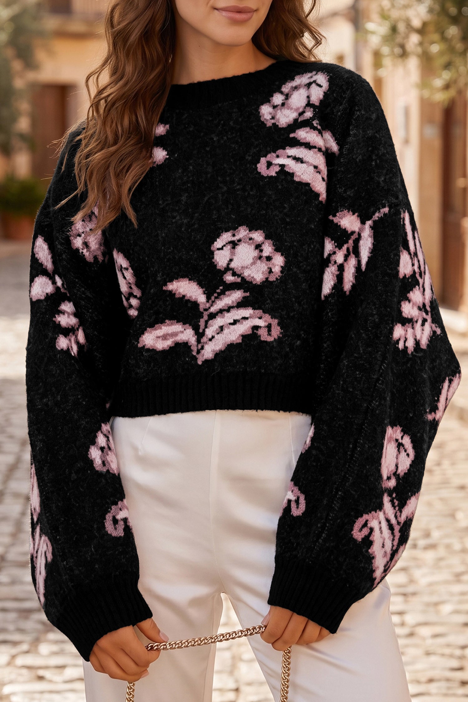 Black Floral Pattern Puff Sleeve Dropped Shoulder Pullover Sweater-Sweaters & Cardigans/Sweaters-[Adult]-[Female]-2022 Online Blue Zone Planet