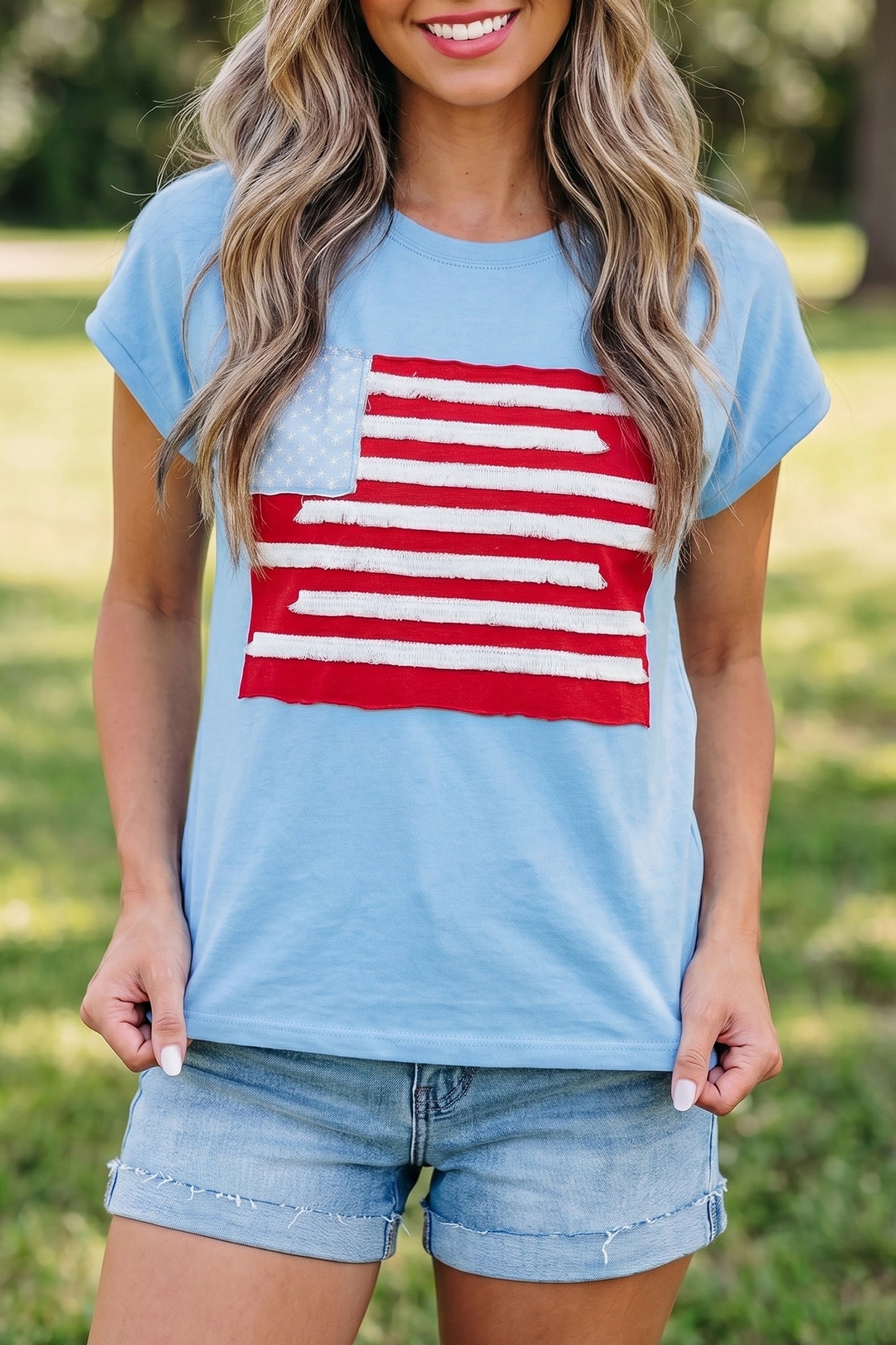 Mist Blue Usa Flag Textured Patchwork Cap Sleeve Tee-Tops/Tops & Tees-[Adult]-[Female]-2022 Online Blue Zone Planet