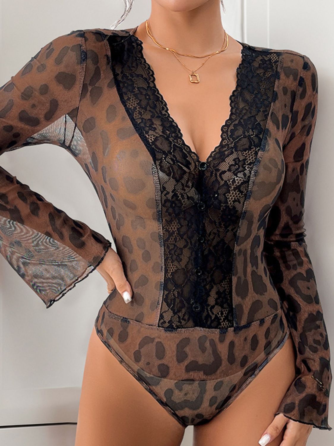 Perfee Leopard V-Neck Lace Bodysuit-TOPS / DRESSES-[Adult]-[Female]-2022 Online Blue Zone Planet