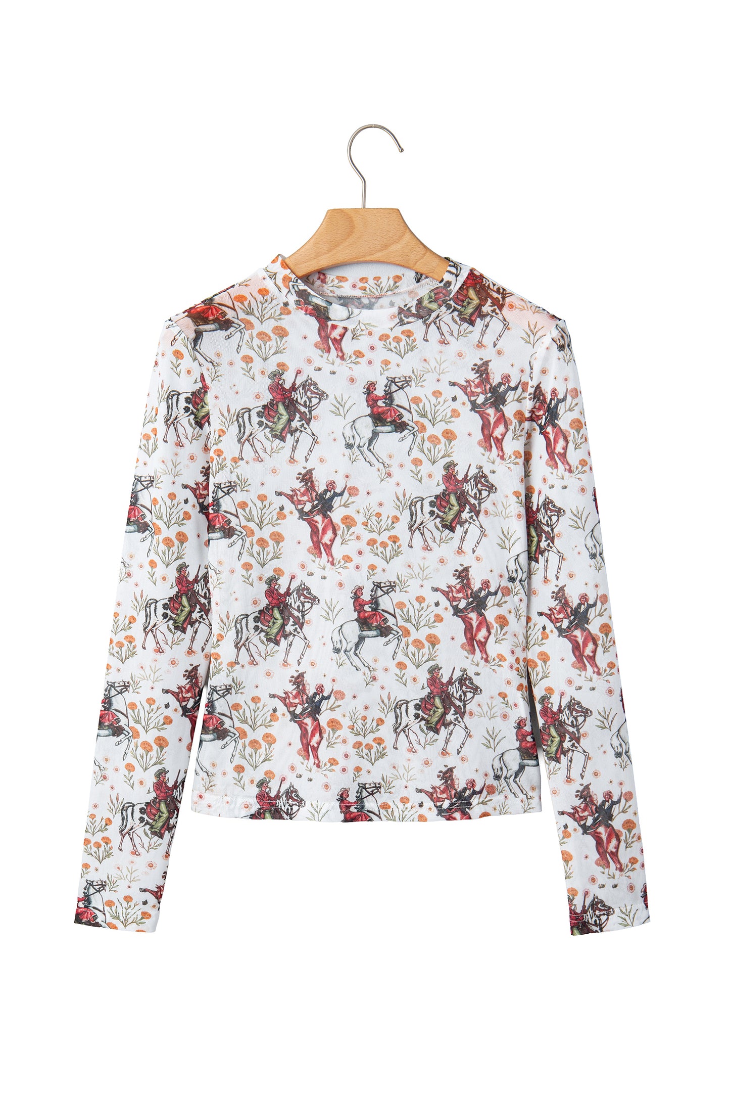 Beige Western Cowboy Floral Print Sheer Mesh Long Sleeve Top