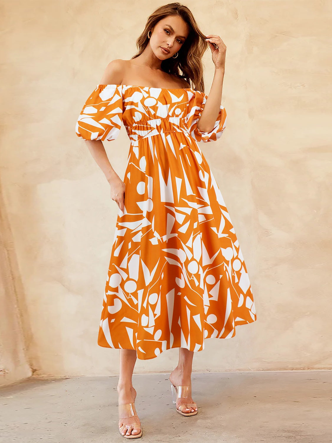 Printed Off-Shoulder Balloon Sleeve Dress-TOPS / DRESSES-[Adult]-[Female]-2022 Online Blue Zone Planet