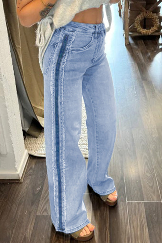 Beau Blue Contrast Stripe Frayed Side Panel Patchwork Shift Jeans-Bottoms/Jeans-[Adult]-[Female]-2022 Online Blue Zone Planet