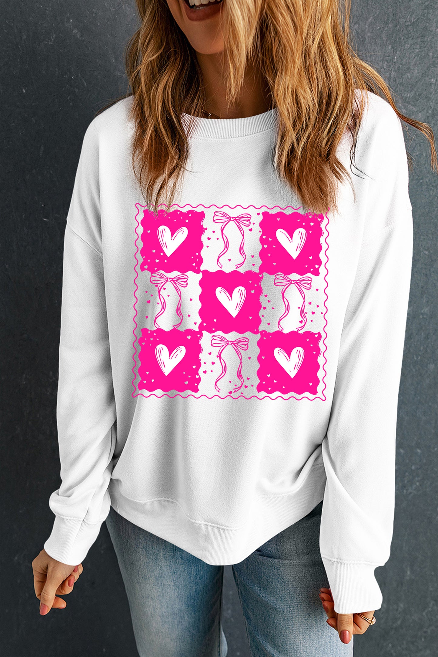 White Valentines Bow Heart Checkered Print Pullover Sweatshirt-Graphic Sweatshirts-[Adult]-[Female]-2022 Online Blue Zone Planet