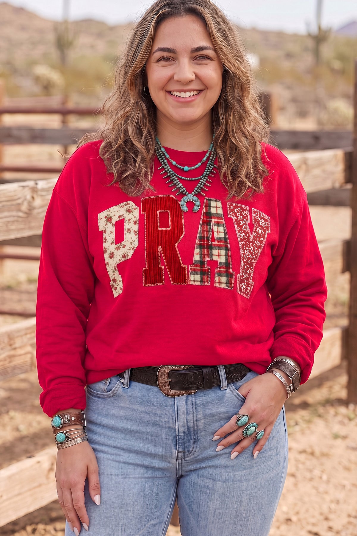 Fiery Red PRAY Letter Patchwork Round Neck Long Sleeve Plus Size Sweatshirt-Plus Size/Plus Size Sweatshirts & Hoodies-[Adult]-[Female]-2022 Online Blue Zone Planet