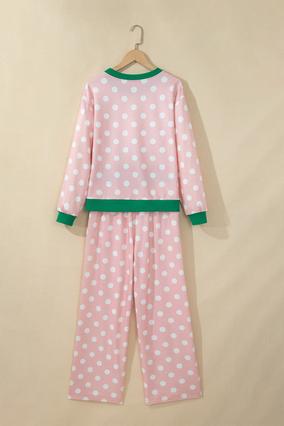 Pink Polka Dot Contrast Trim Long Sleeve Top Drawstring Shift Pants Set-Two Piece Sets/Pant Sets-[Adult]-[Female]-2022 Online Blue Zone Planet