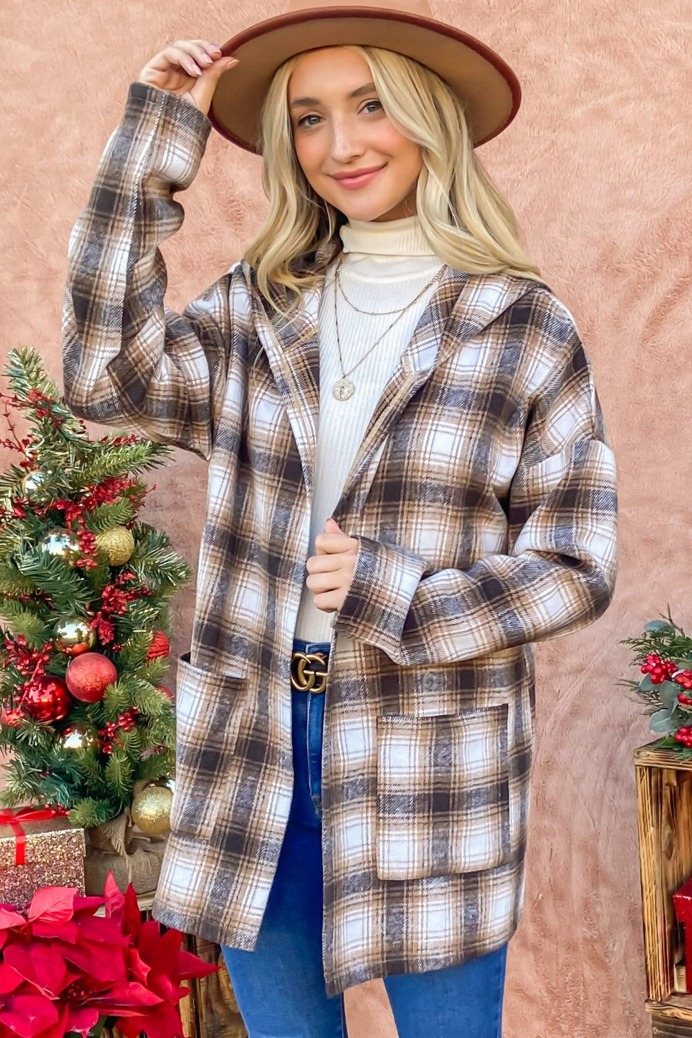 And The Why Plaid Open Front Hooded Shacket-TOPS / DRESSES-[Adult]-[Female]-Brown Multi-S-2022 Online Blue Zone Planet