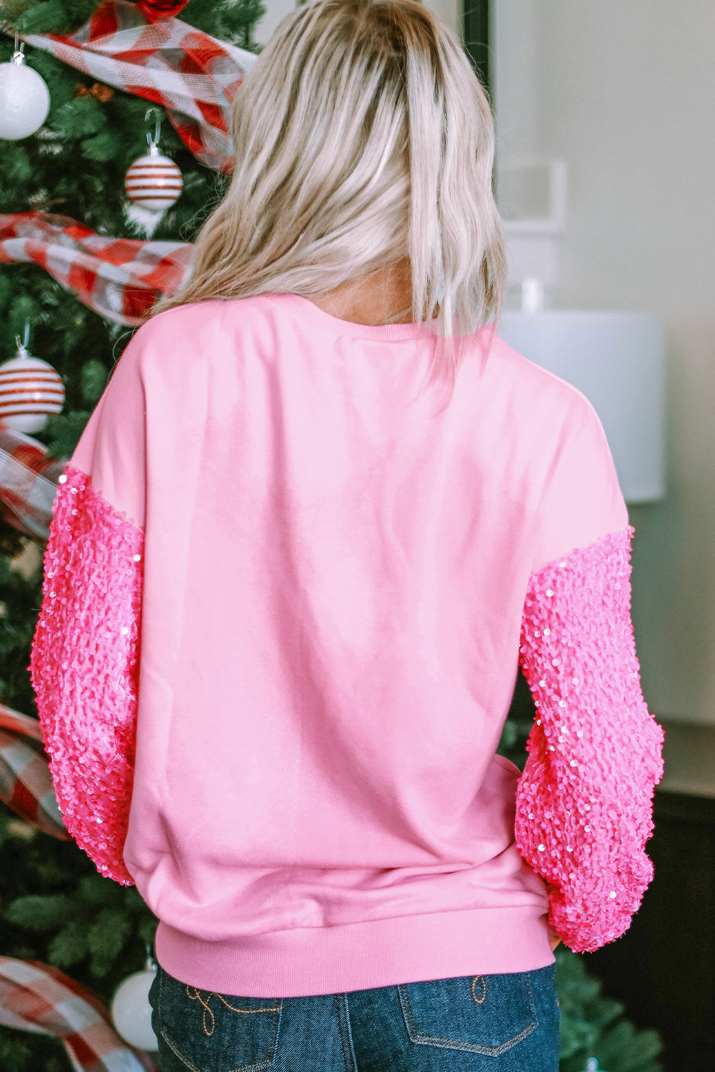 Blue Zone Planet | Pink Nutcracker Graphic Christmas Sequin Sleeve Drop Shoulder Sweatshirt-Graphic Sweatshirts-[Adult]-[Female]-2022 Online Blue Zone Planet