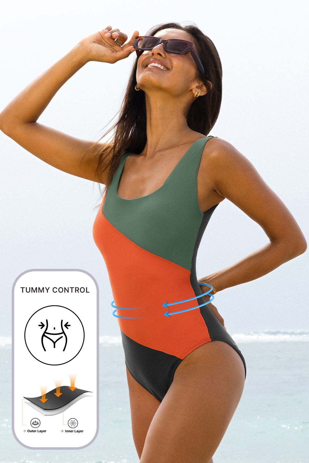 Duffel Green Color Block Padded Square Neck One Piece Swimsuit-Swimwear/One Piece Swimsuit-[Adult]-[Female]-2022 Online Blue Zone Planet