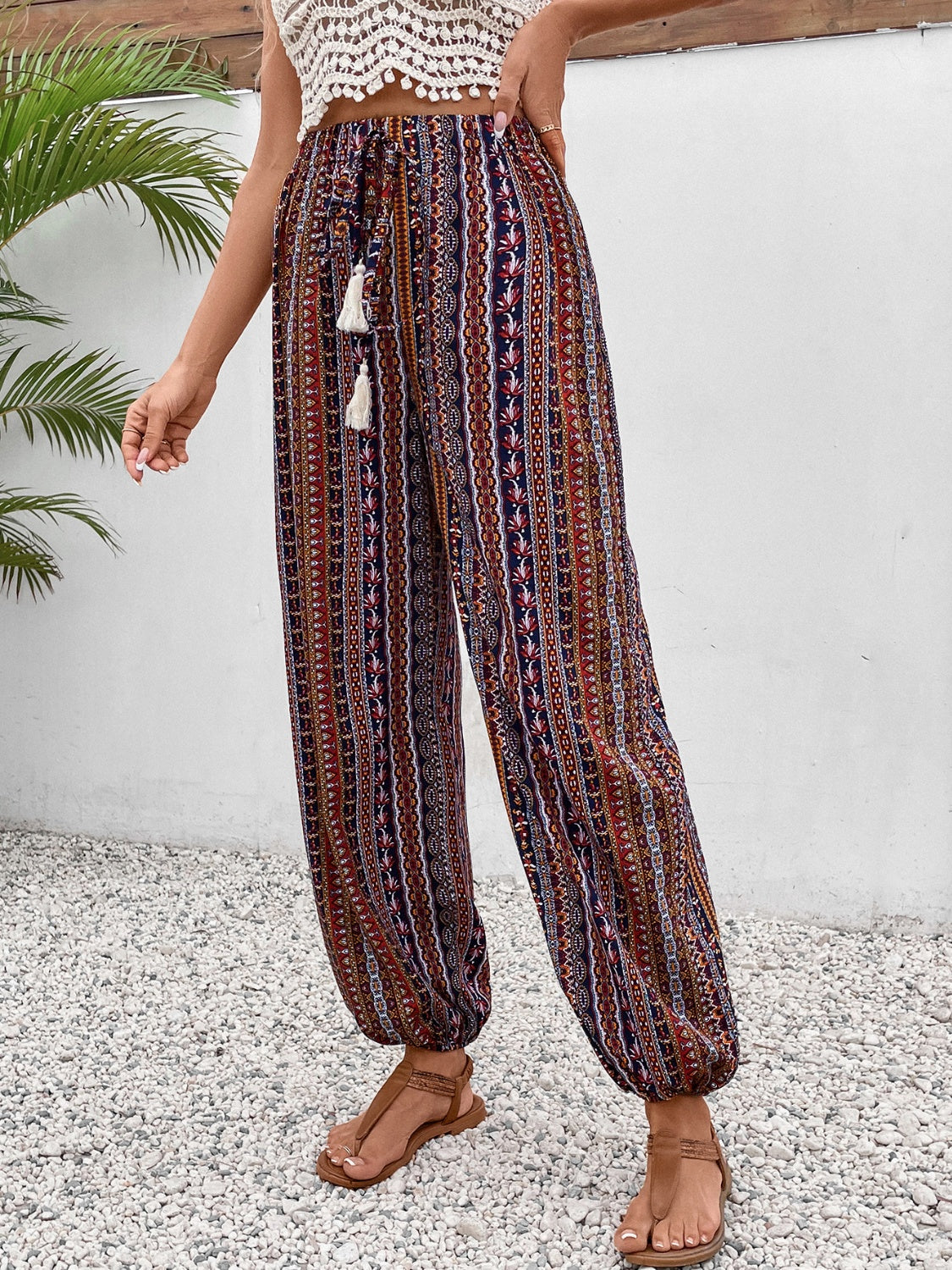 Tassel Printed High Waist Pants-BOTTOMS SIZES SMALL MEDIUM LARGE-[Adult]-[Female]-2022 Online Blue Zone Planet