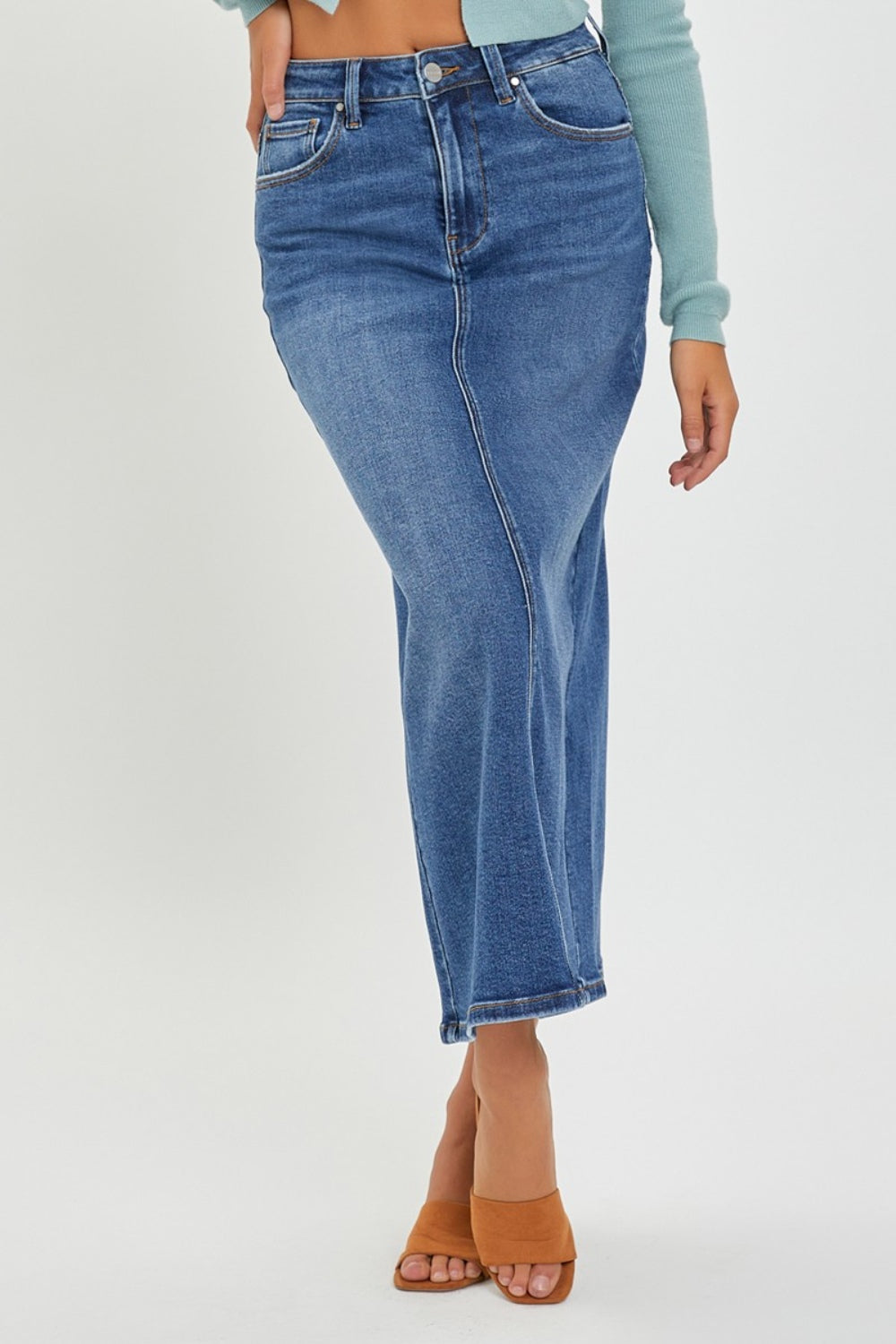 RISEN High Rise Back Slit Denim Skirt-BOTTOMS SIZES SMALL MEDIUM LARGETTOMS-[Adult]-[Female]-2022 Online Blue Zone Planet