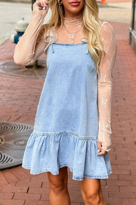 Beau Blue Bow Detail Spaghetti Straps Ruffle Hem Denim Short Dress-Dresses/Mini Dresses-[Adult]-[Female]-Beau Blue-S-2022 Online Blue Zone Planet