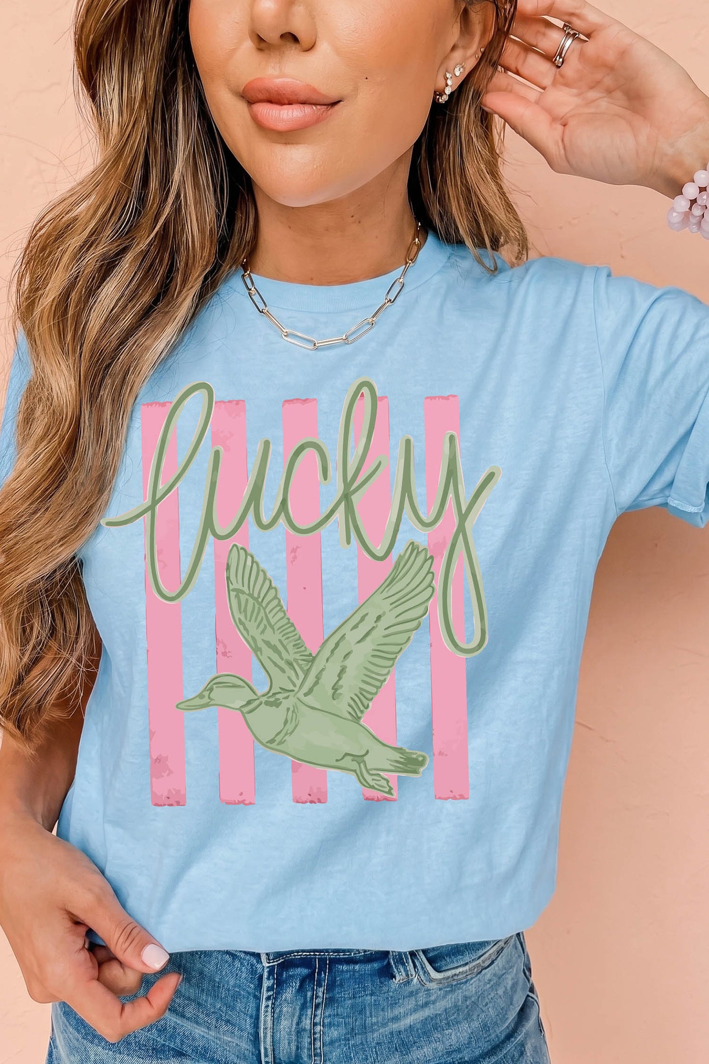 Light Blue Lucky Duck Print Casual Round Neck T Shirt-Graphic/Graphic Tees-[Adult]-[Female]-2022 Online Blue Zone Planet