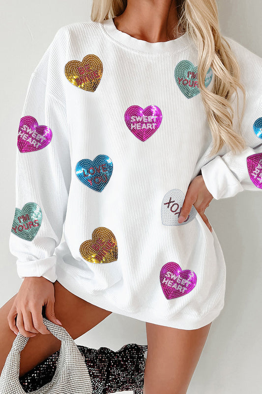 White Valentines Slogan Heart Sequin Corded Baggy Sweatshirt-Graphic/Graphic Sweatshirts-[Adult]-[Female]-White-S-2022 Online Blue Zone Planet