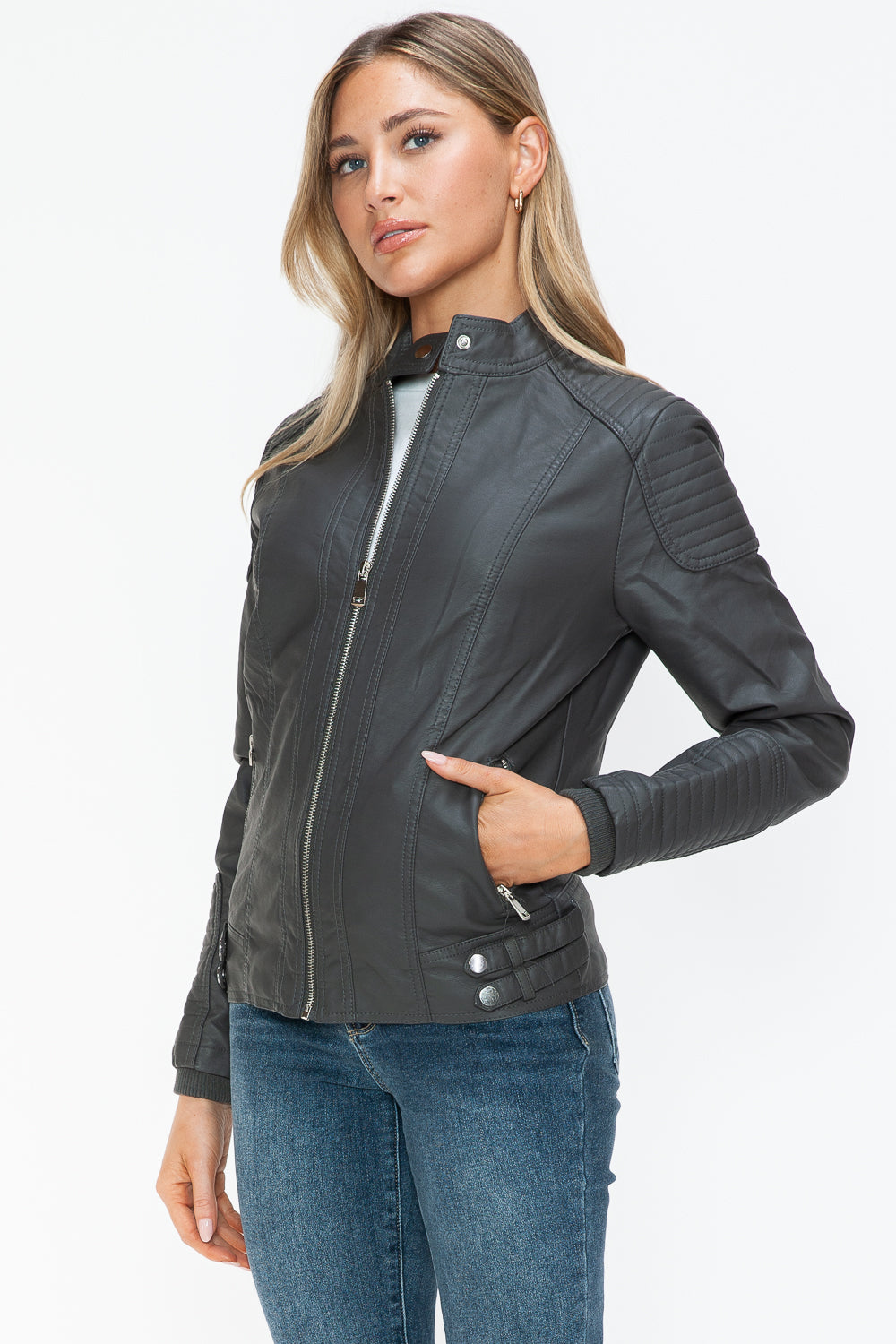 Blue Zone Planet | Snobbish Faux Leather Biker Jacket with Side Zip Pockets-TOPS / DRESSES-[Adult]-[Female]-2022 Online Blue Zone Planet