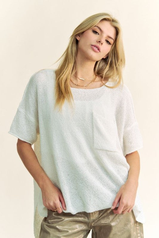 Davi & Dani Side Slit Round Neck Half Sleeve Knit Top-TOPS / DRESSES-[Adult]-[Female]-White-S-2022 Online Blue Zone Planet