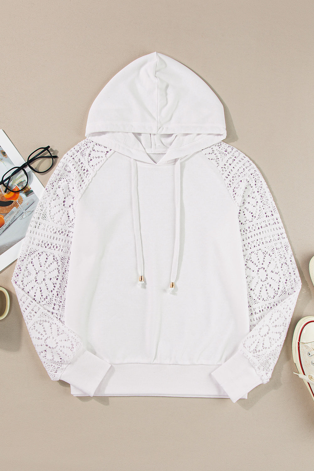 White Lace Patchwork Sleeve Drawstring Hoodie-Tops/Sweatshirts & Hoodies-[Adult]-[Female]-2022 Online Blue Zone Planet