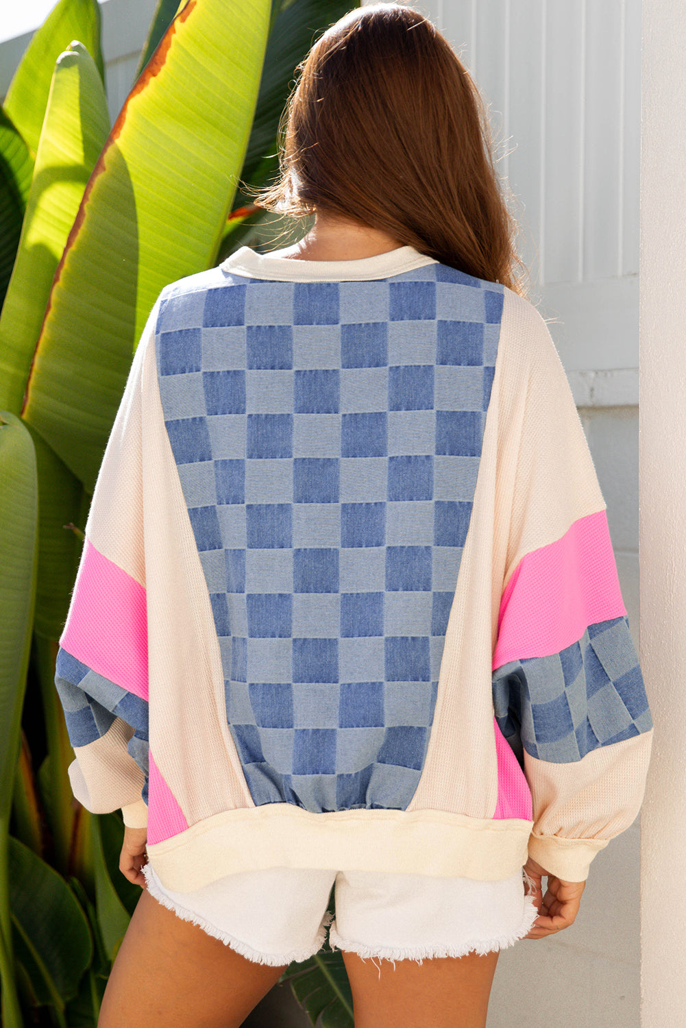 Sky Blue Oversized Checkered Denim Exposed Seam Patchwork Casual Sweatshirt-Tops/Sweatshirts & Hoodies-[Adult]-[Female]-2022 Online Blue Zone Planet