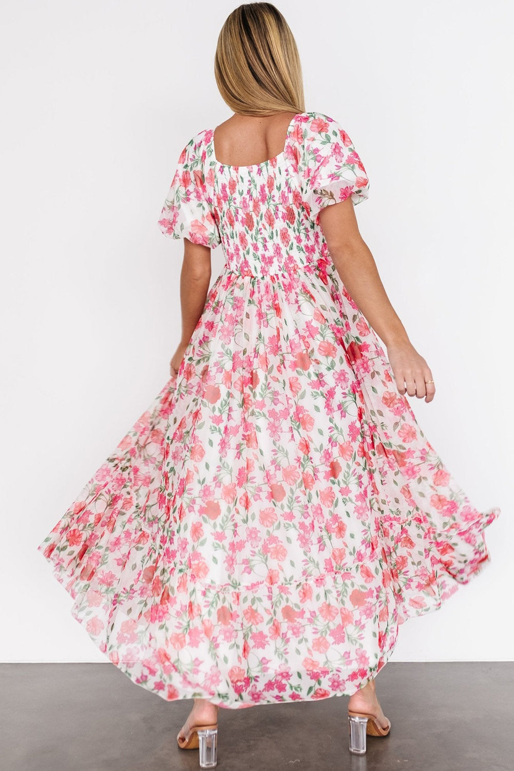 Pink Plus Size Floral Square Neck Puff Sleeve Ruffle Maxi Dress-Plus Size/Plus Size Dresses-[Adult]-[Female]-2022 Online Blue Zone Planet