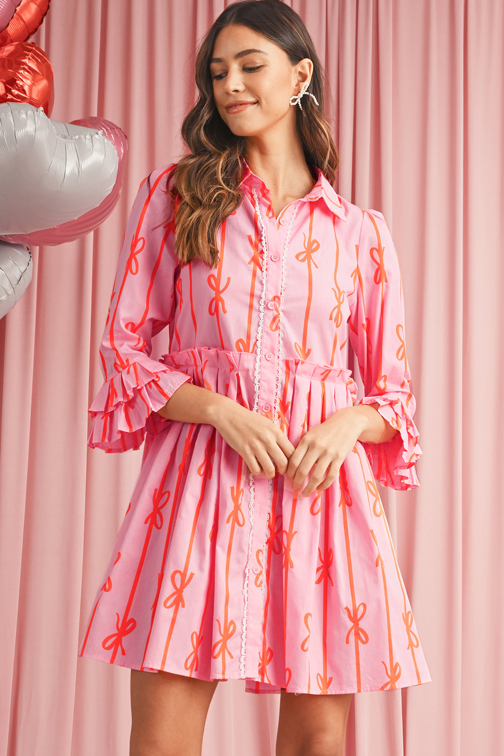 Blue Zone Planet | Pink Bowknot Striped Ruffle Mini Shirt Dress-TOPS / DRESSES-[Adult]-[Female]-2022 Online Blue Zone Planet