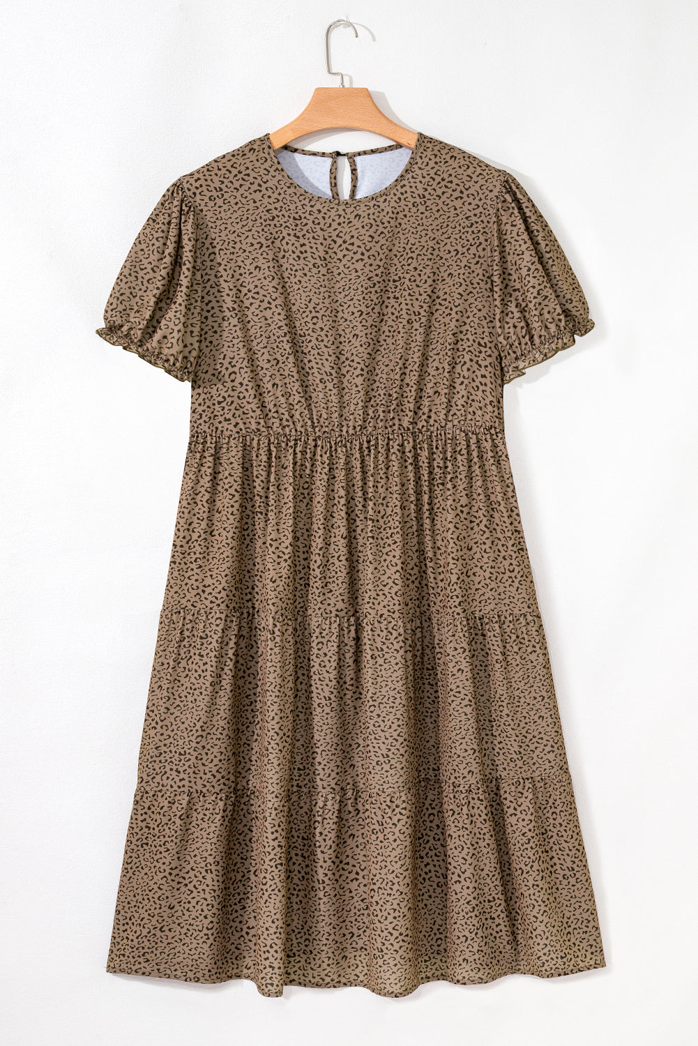 Brown Plus Size Leopard Print Frill Trim Short Sleeve Flared Dress-TOPS / DRESSES-[Adult]-[Female]-2022 Online Blue Zone Planet