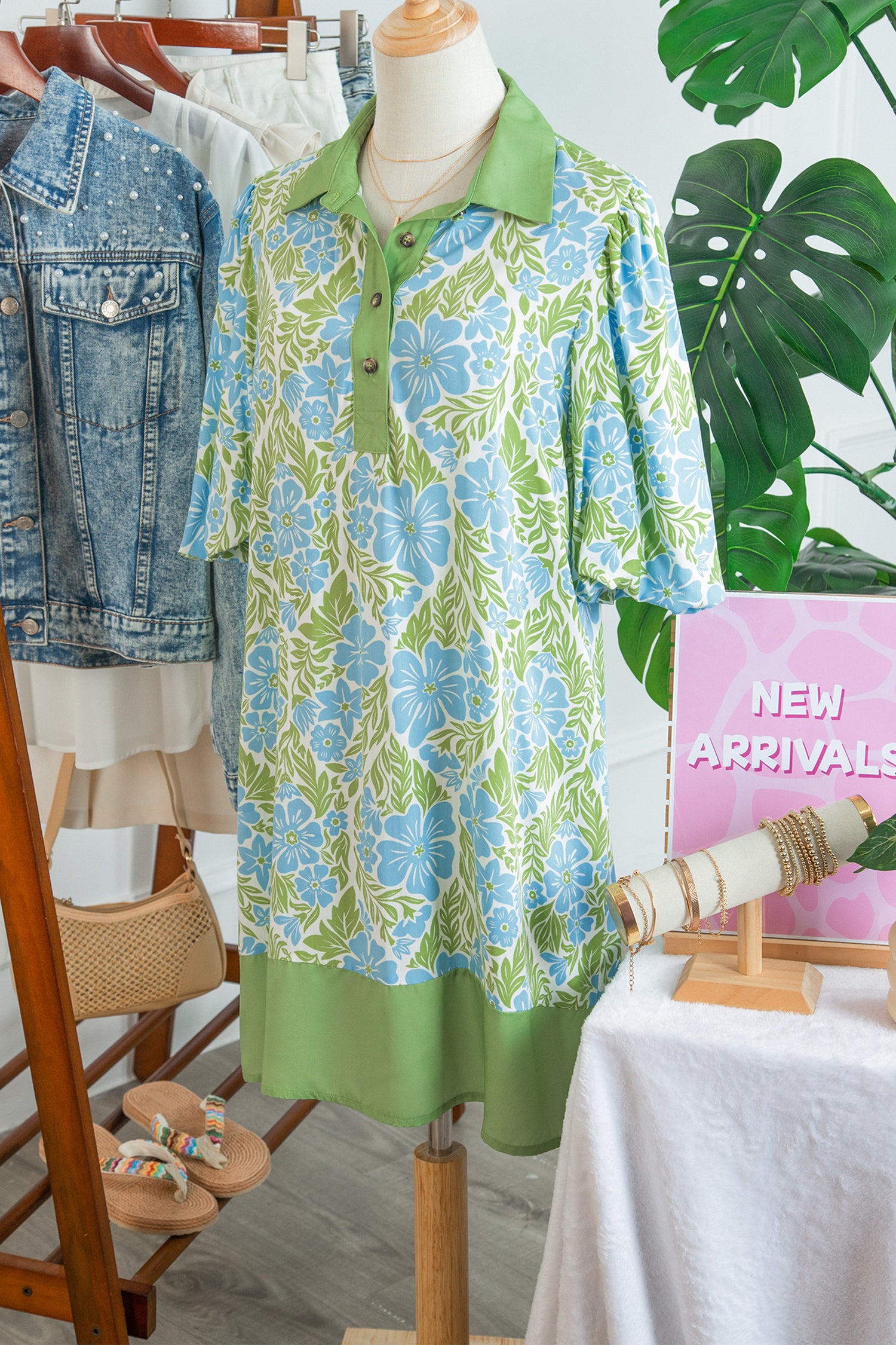 Sky Blue Floral Print Color Block Patchwork Shirt Collar Half Sleeve Mini Dress-TOPS / DRESSES-[Adult]-[Female]-2022 Online Blue Zone Planet