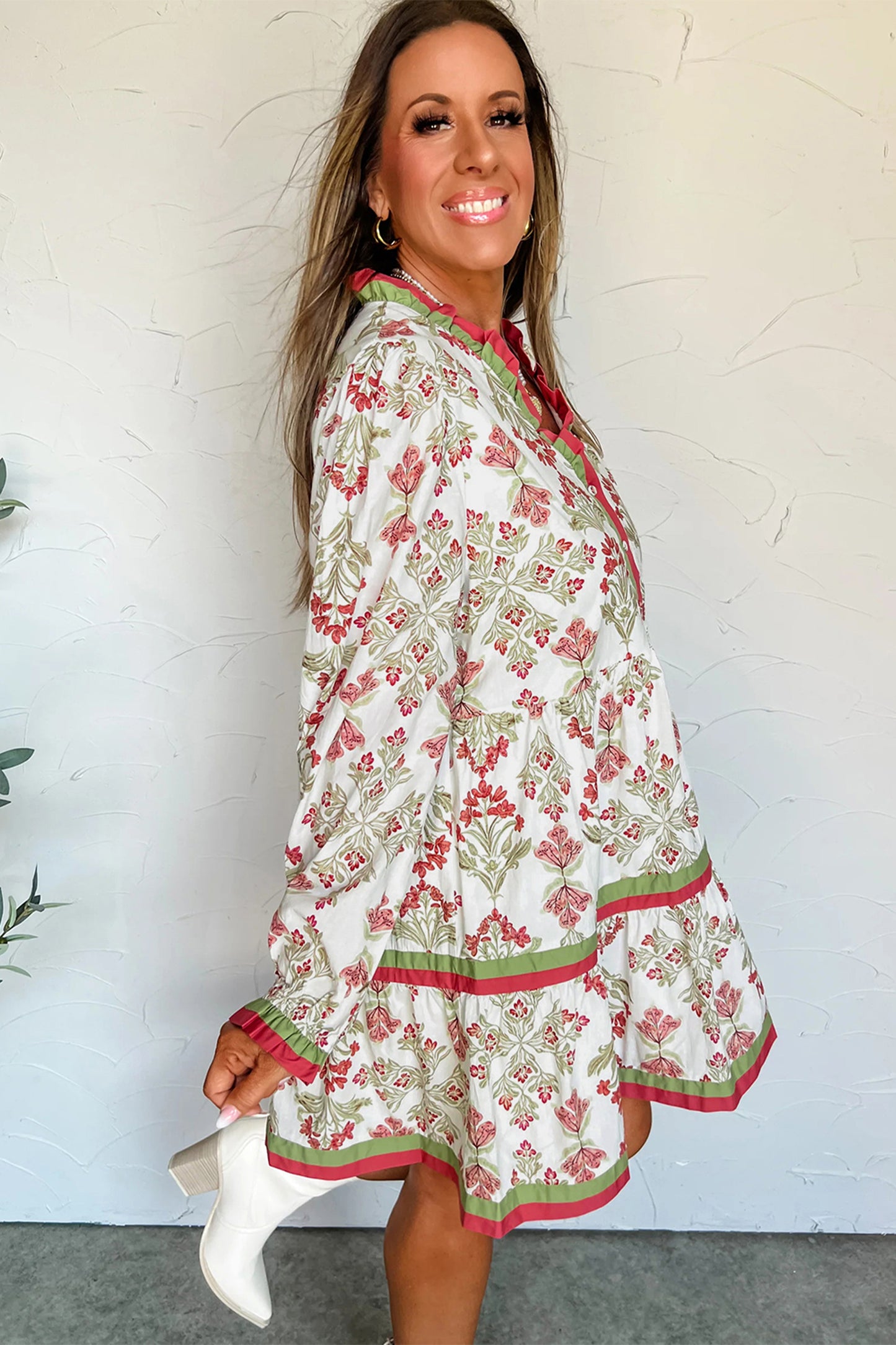 Pink Floral Print Contrast Trim Frilled Neck Long Sleeve Flared Dress-TOPS / DRESSES-[Adult]-[Female]-2022 Online Blue Zone Planet