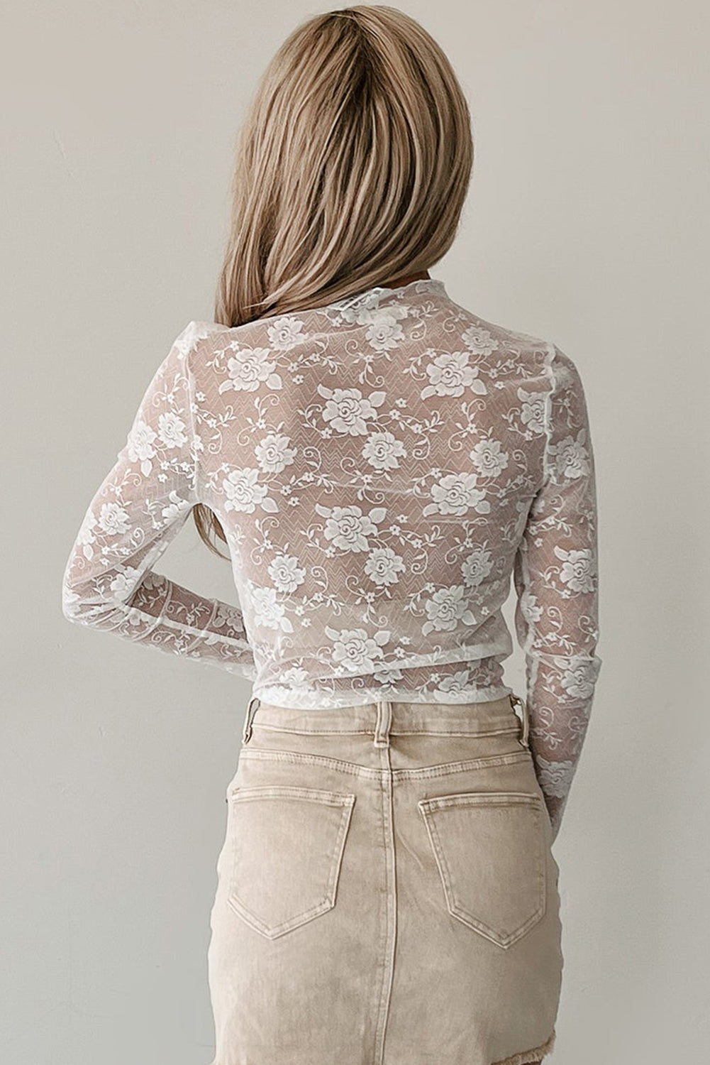 White Sheer Floral Lace Mesh Mock Neck Long Sleeve Top-Tops/Long Sleeve Tops-[Adult]-[Female]-2022 Online Blue Zone Planet