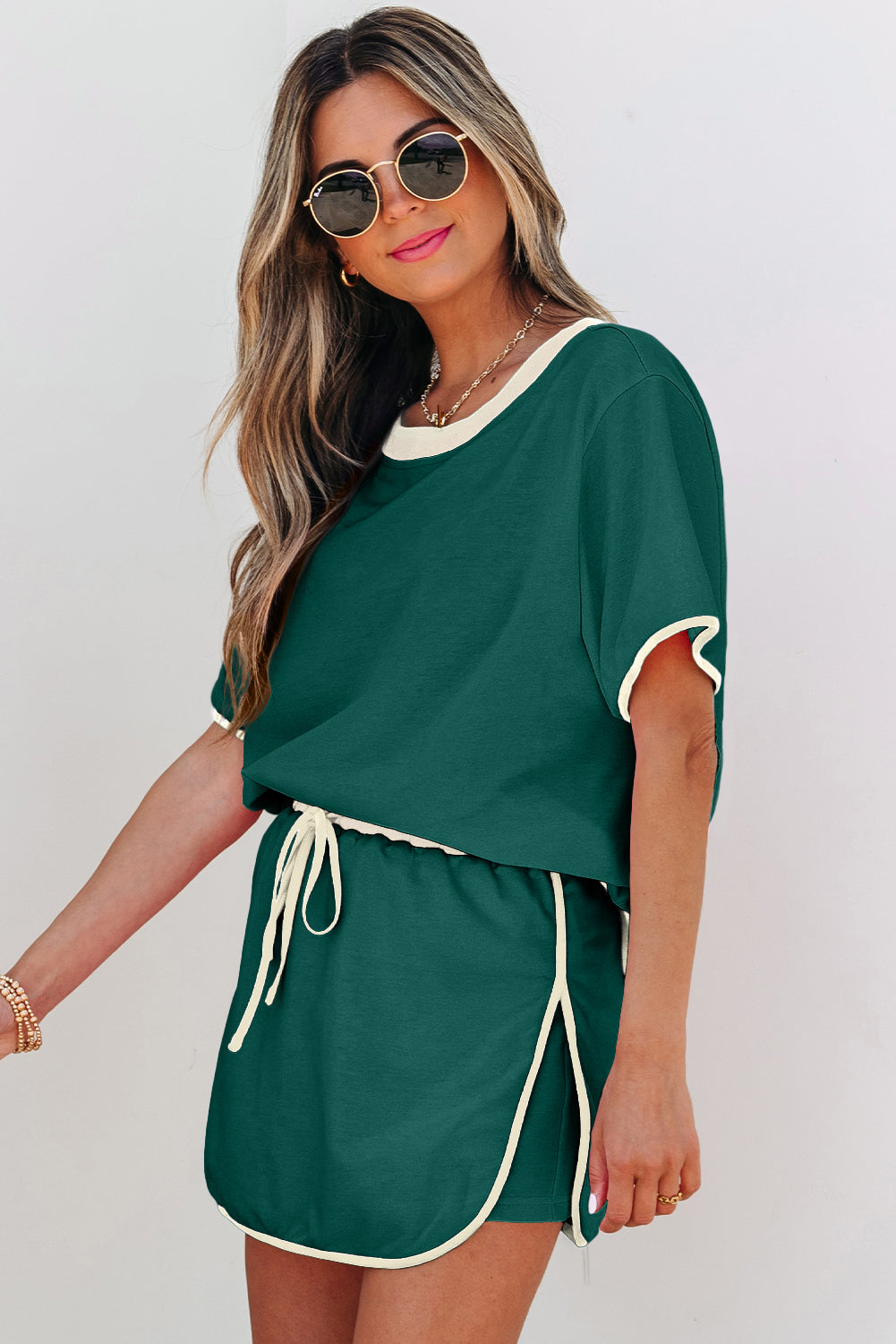 Evergreen Colorblock Edge Drop Shoulder T Shirt and Skirt 2Pcs Set-Two Piece Sets/Two Piece Dresses-[Adult]-[Female]-2022 Online Blue Zone Planet